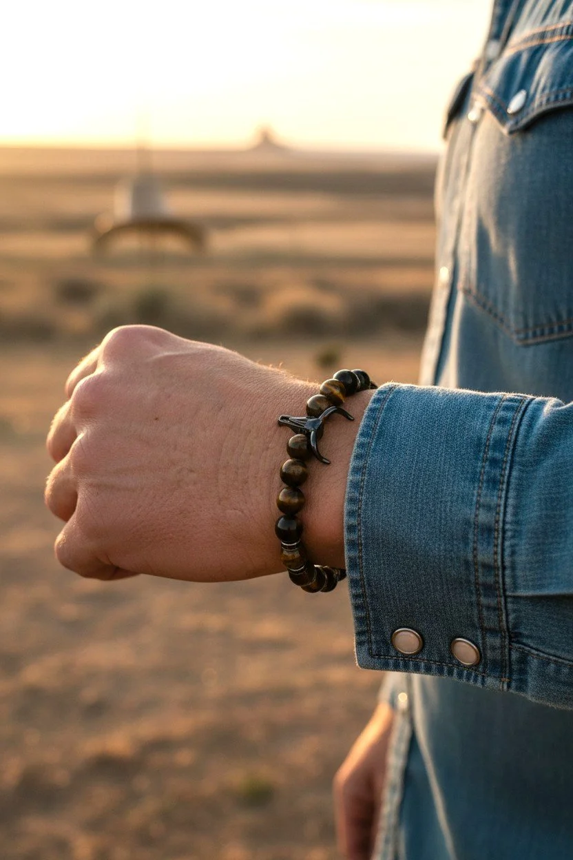 mens wearing a beaded western bracelet with a bull skull and tiger eye and black obsidian stones