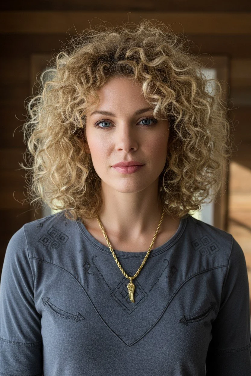chunky wing gold stainless steel necklace on curly-haired blonde with charcoal western style t-shirt
