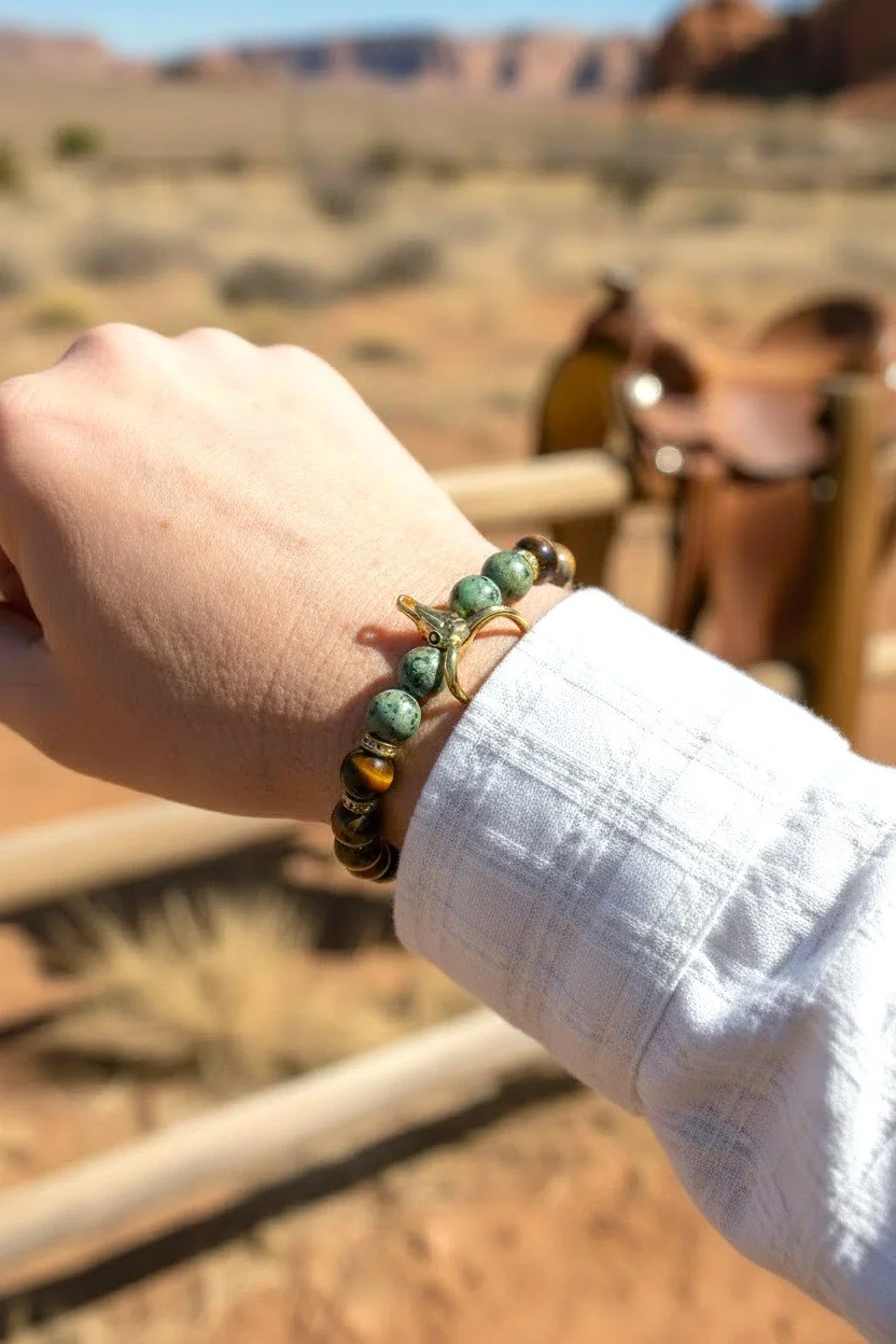 cowgirl wearing a beaded western bull skull bracelet with earth tone gemstone