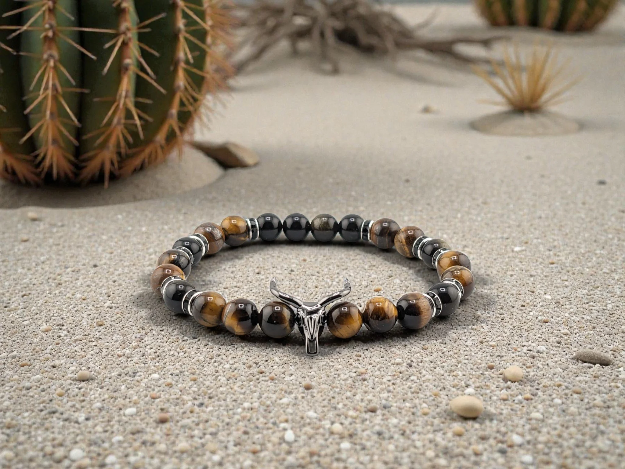 Men's Bull Skull Primal Tiger Eye & Obsidian Bracelet