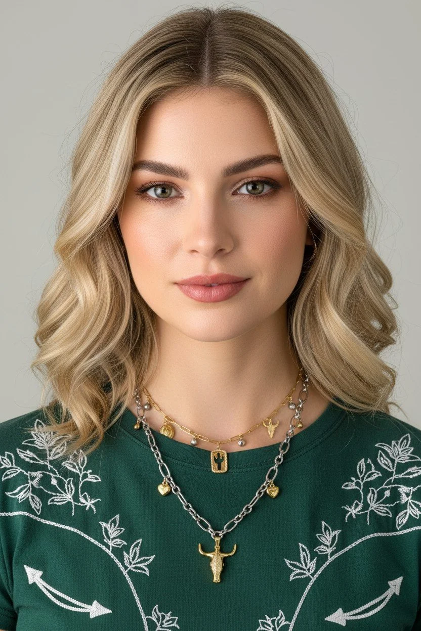 rhinestone bull skull gold stainless steel statement necklace layered with cactus charm necklace on a blonde woman wearing a western t-shirt
