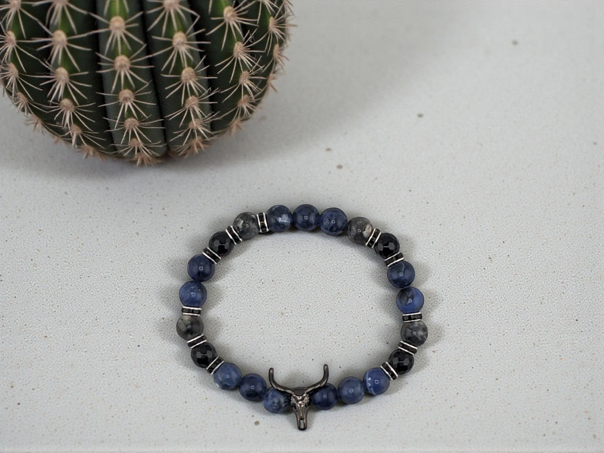 Men's sodalite, black onyx and labradorite western bull skull bracelet with black rhinestone spacers