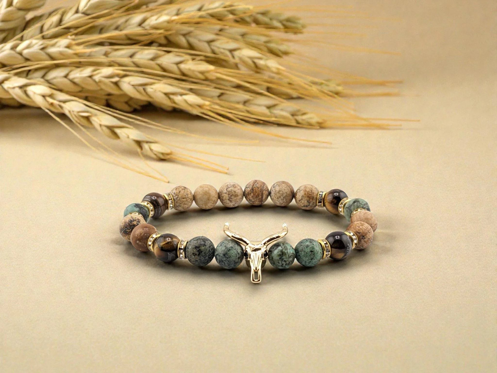 Bull Skull Sagebrush African Turquoise, Jasper & Tiger Eye Bracelet