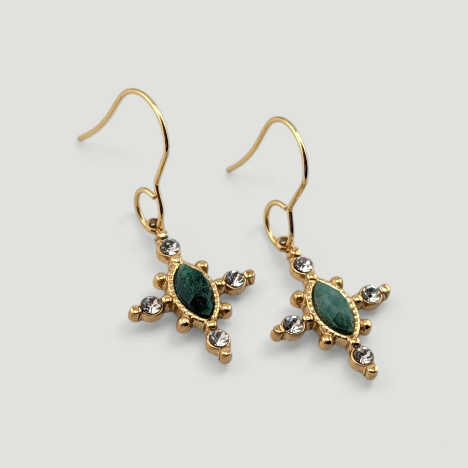 Horse Eye African Jade Drop Earrings - Gold