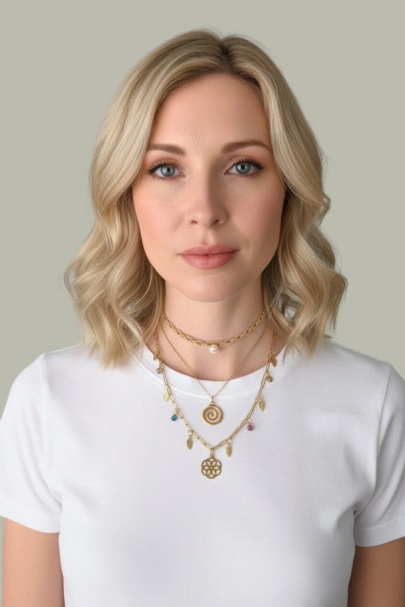blonde model wearing seed of life gold stainless steel paperclip charm necklace layered with macrame pearl choker and spiral necklace