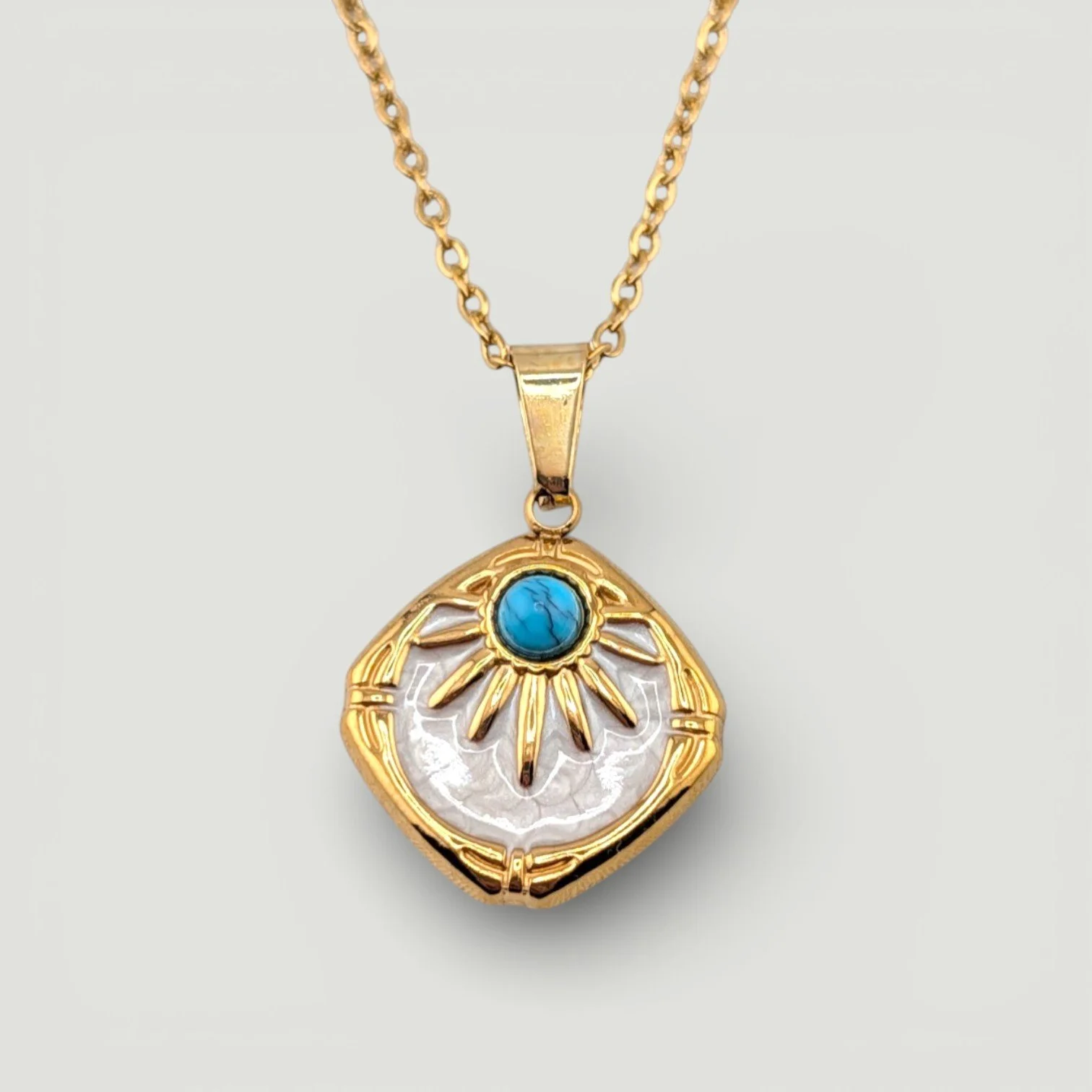 Western Sunburst White Enamel Necklace - Gold
