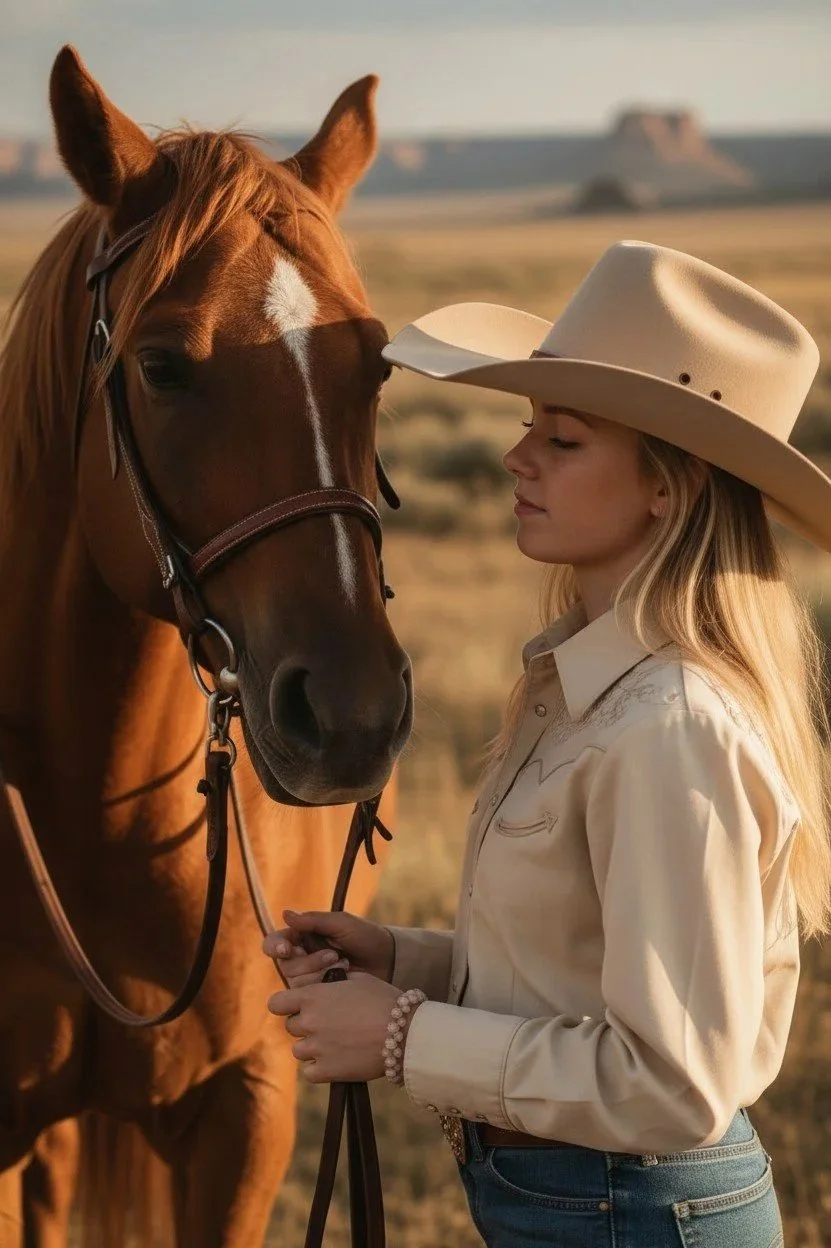 cowgirl wearing a woven rose quartz western bracelet holding on to a horse