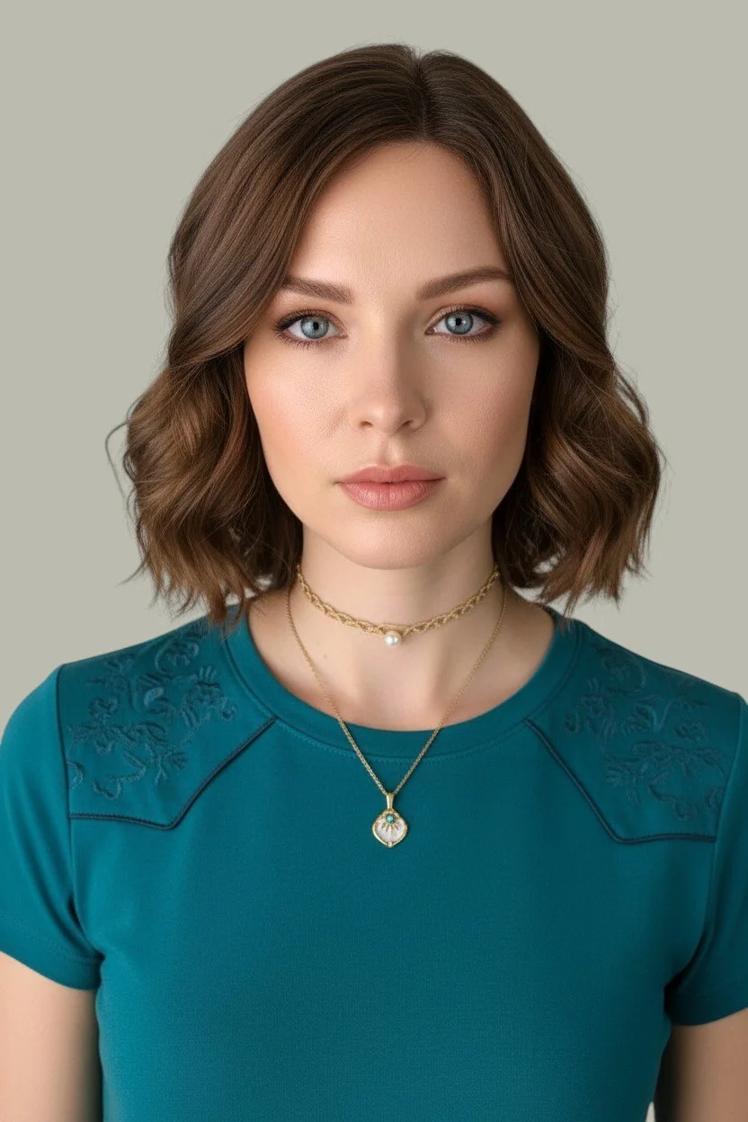 Brunette model wearing a western sunburst white enamel gold stainless steel necklace layered with macrame pearl choker, teal western t-shirt