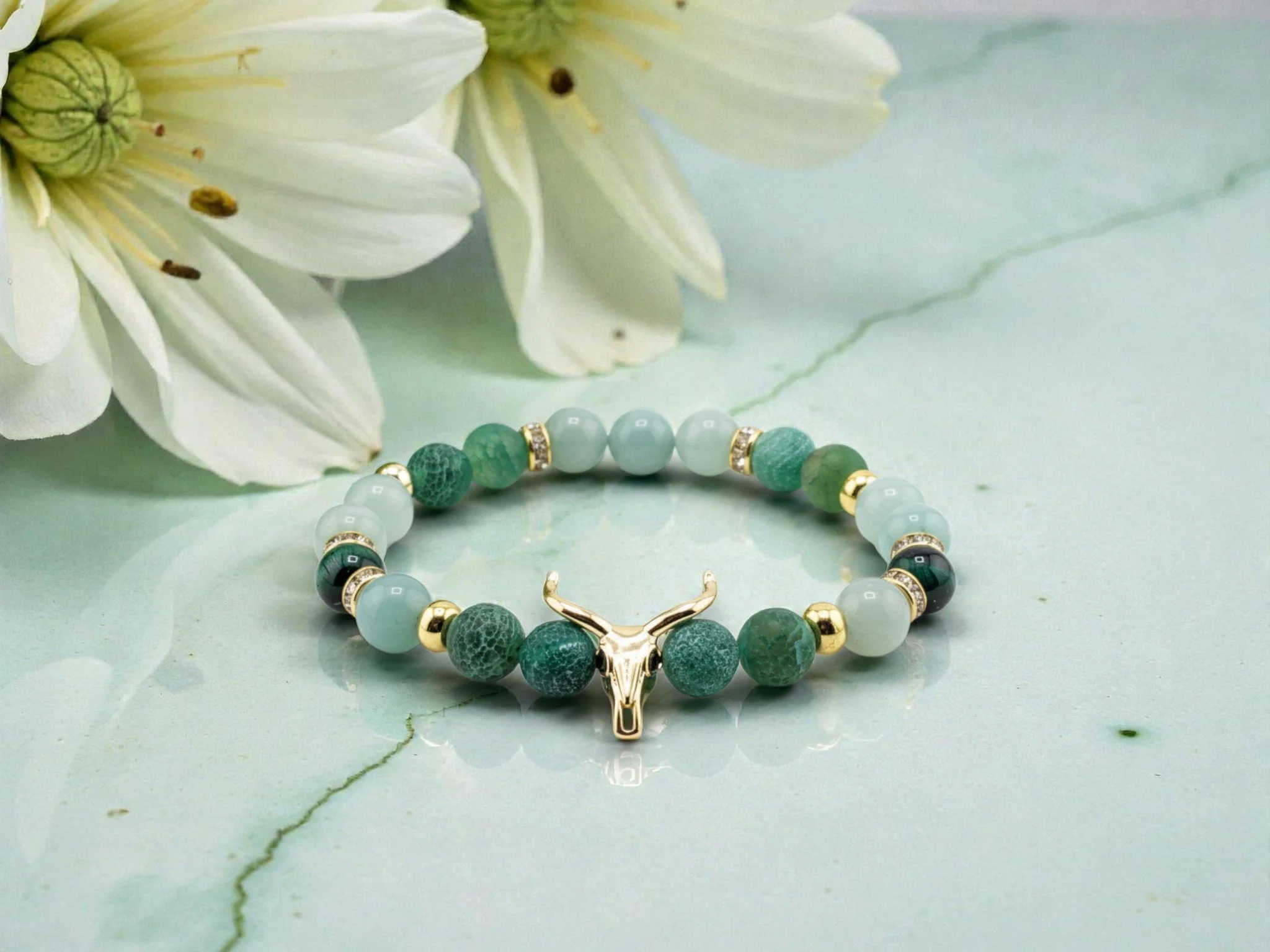 Bull Skull Hidden Oasis Amazonite, Agate & Tiger Eye Bracelet