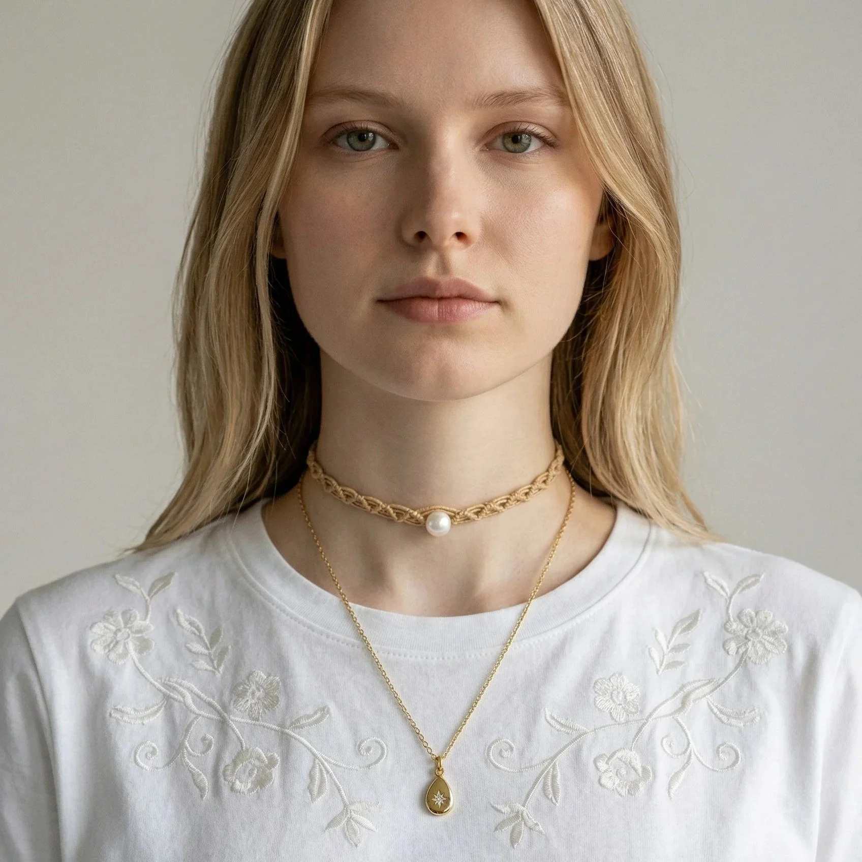 Blonde haired model wearing gold stainless steel starburst necklace layered with macrame pearl choker and a western embroidered white t-shirt