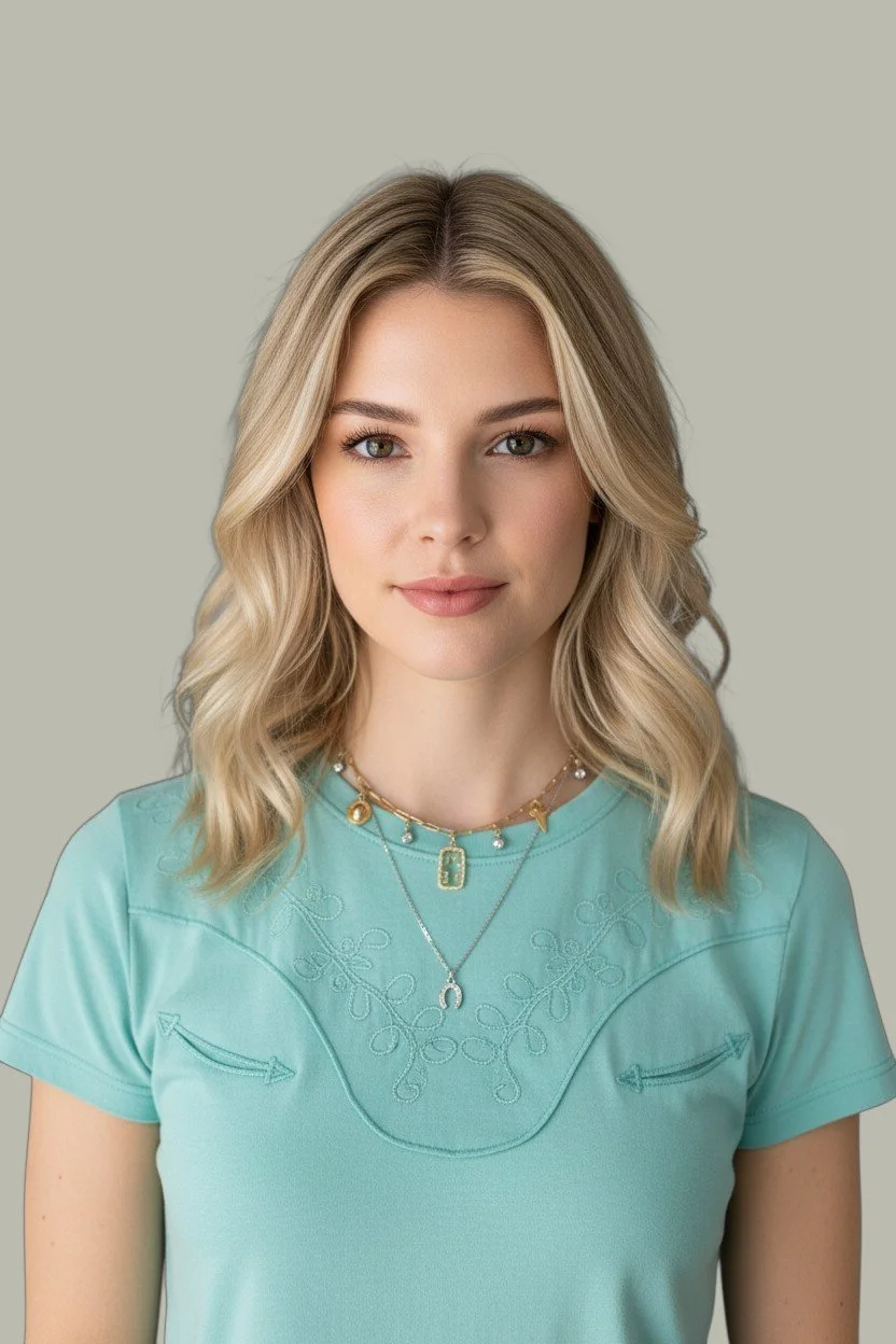 blonde model wearing rhinestone horseshoe necklace layered with cactus charm choker and light teal western t-shirt
