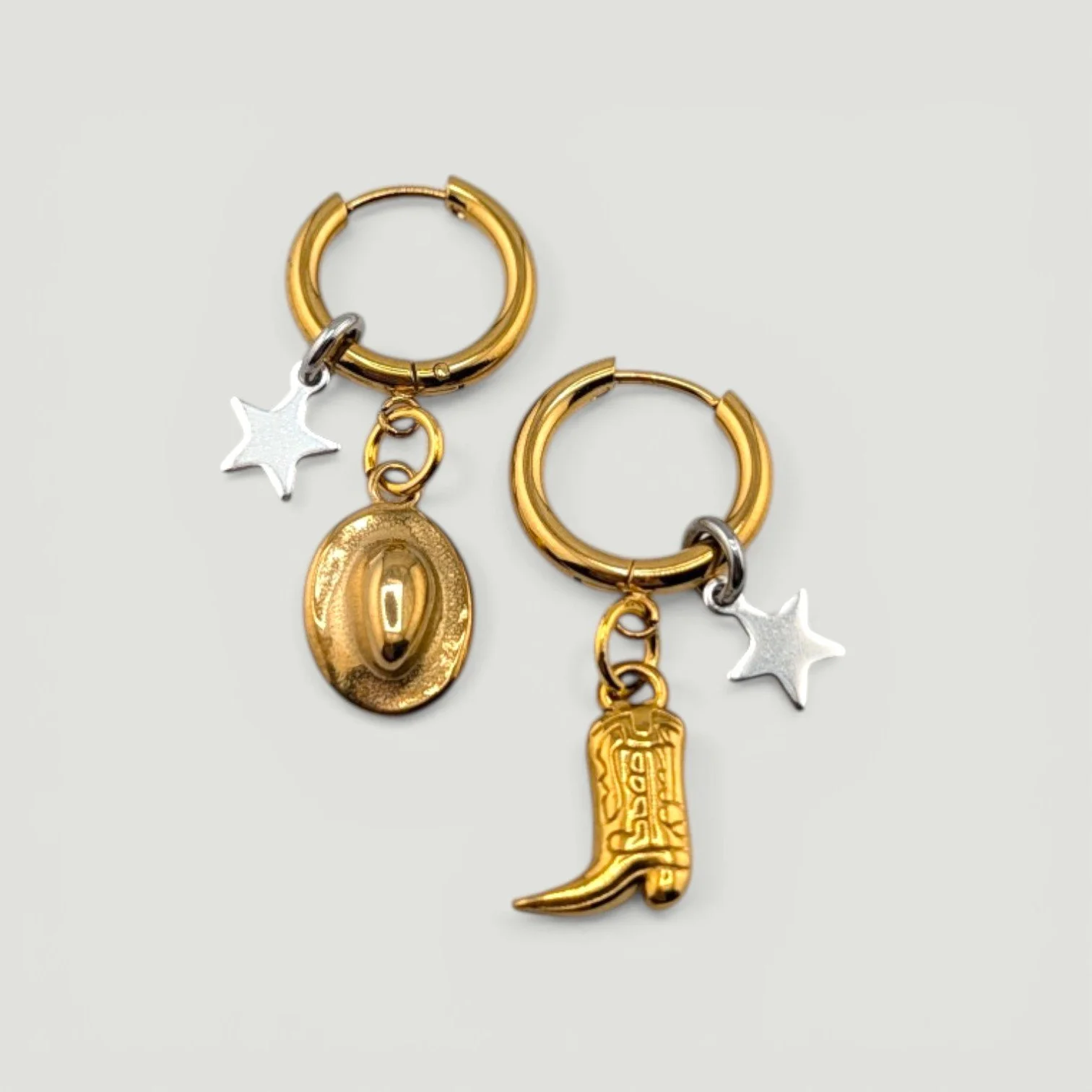 Cowboy Hat & Boot Stainless Steel Huggie Hoop Earrings - Gold