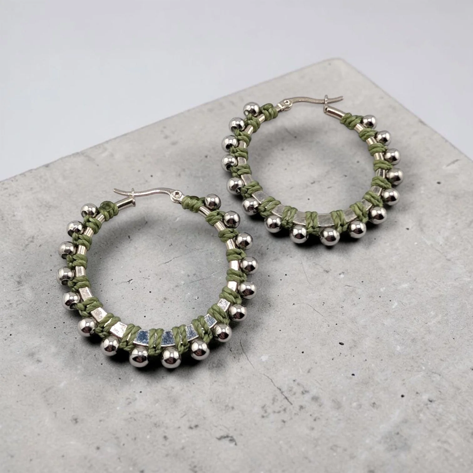 Morning Moss Green Beaded Hoop Earrings - Silver