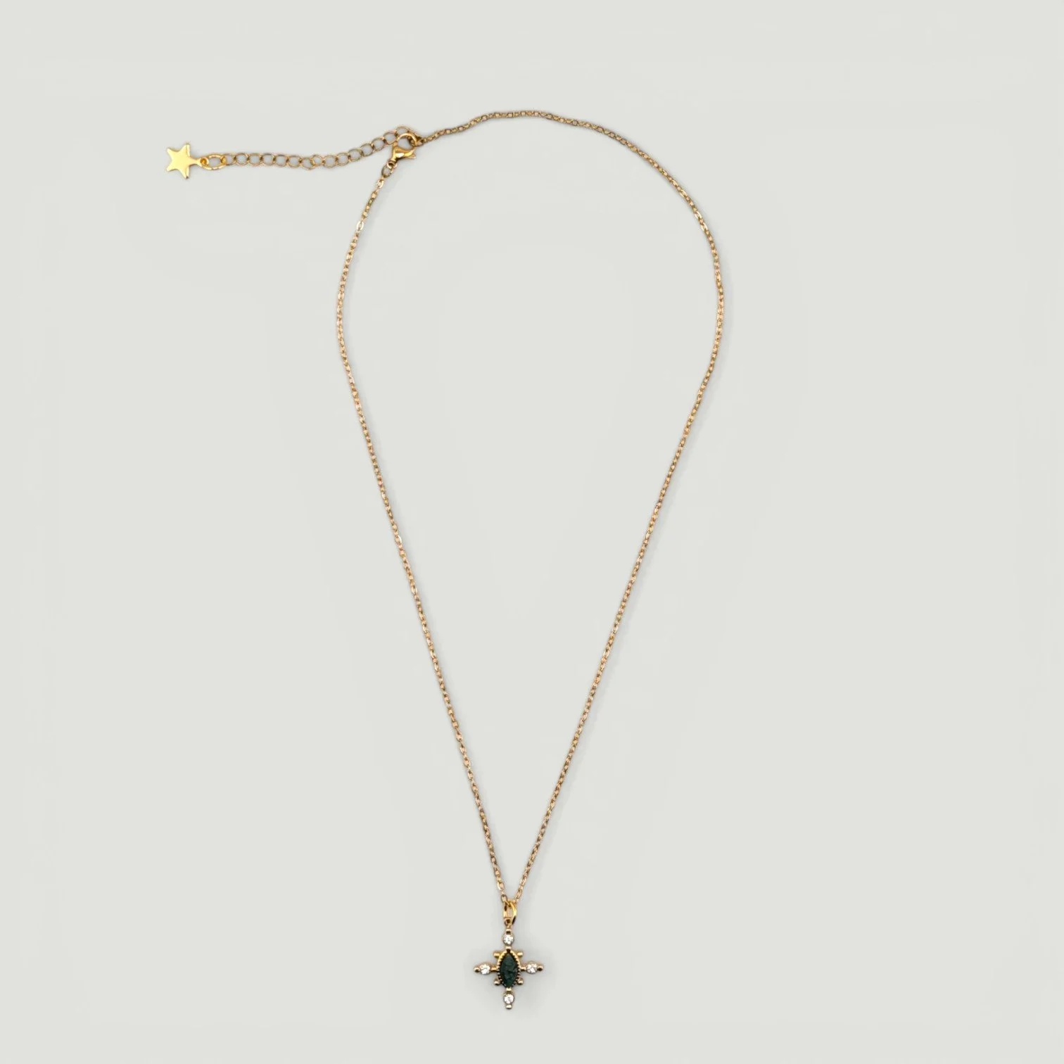 Horse eye African jade necklace on a gold stainless steel chain, full view flat lay