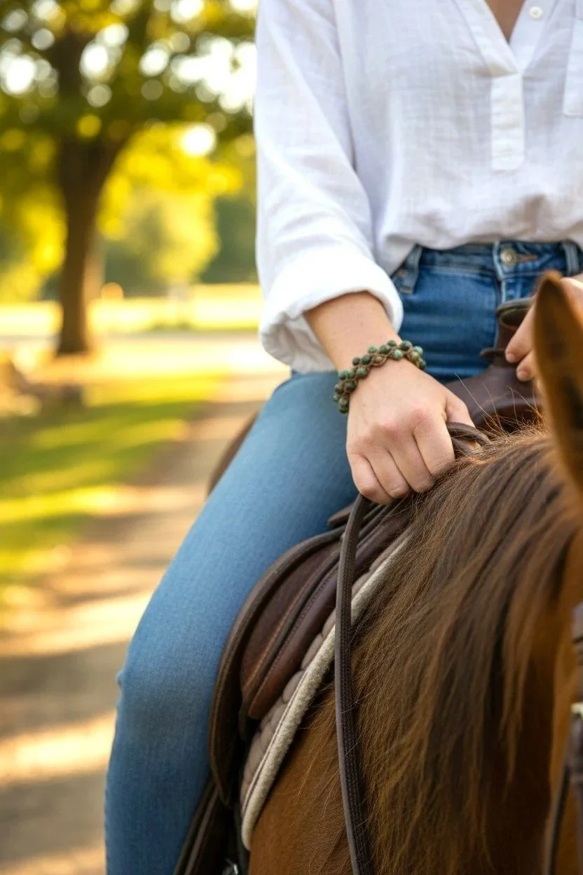 women riding a horse with an african turquoise woven bracelet