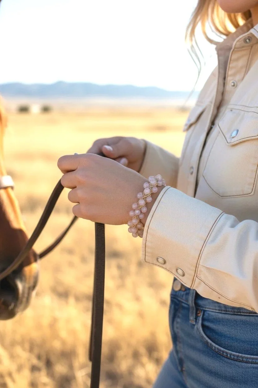 women holding the reins of a horse wearing a woven rose quartz bracelet