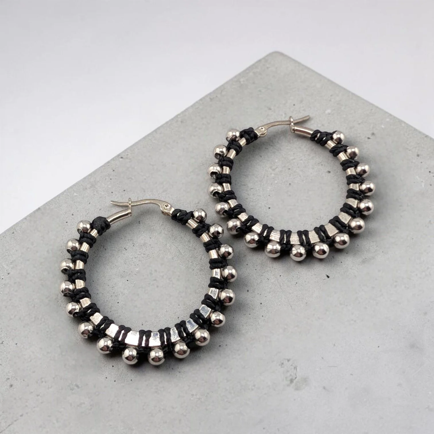 Shadow Black Beaded Hoop Earrings - Silver