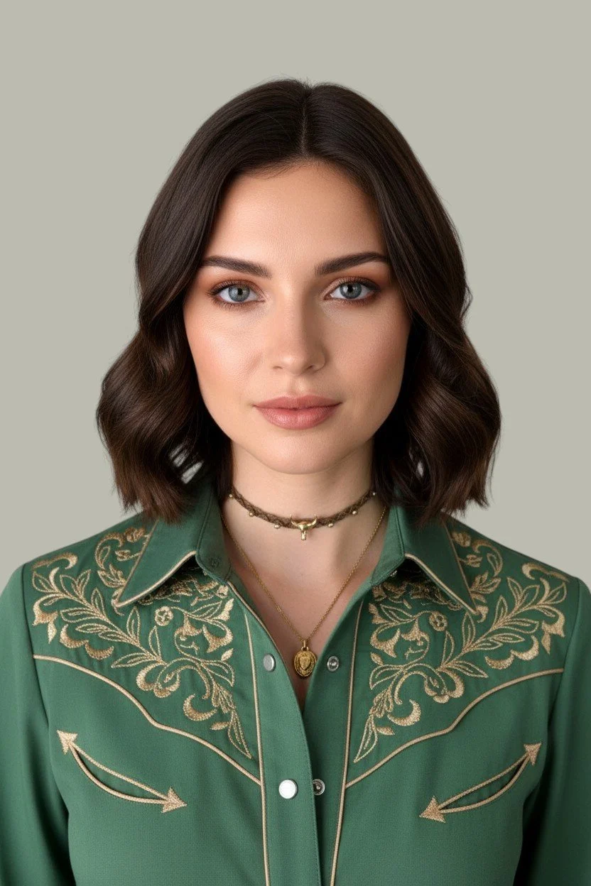 dark haired model wearing rhinestone cowboy hat necklace layered with bull skull macrame choker and green embroidered western shirt
