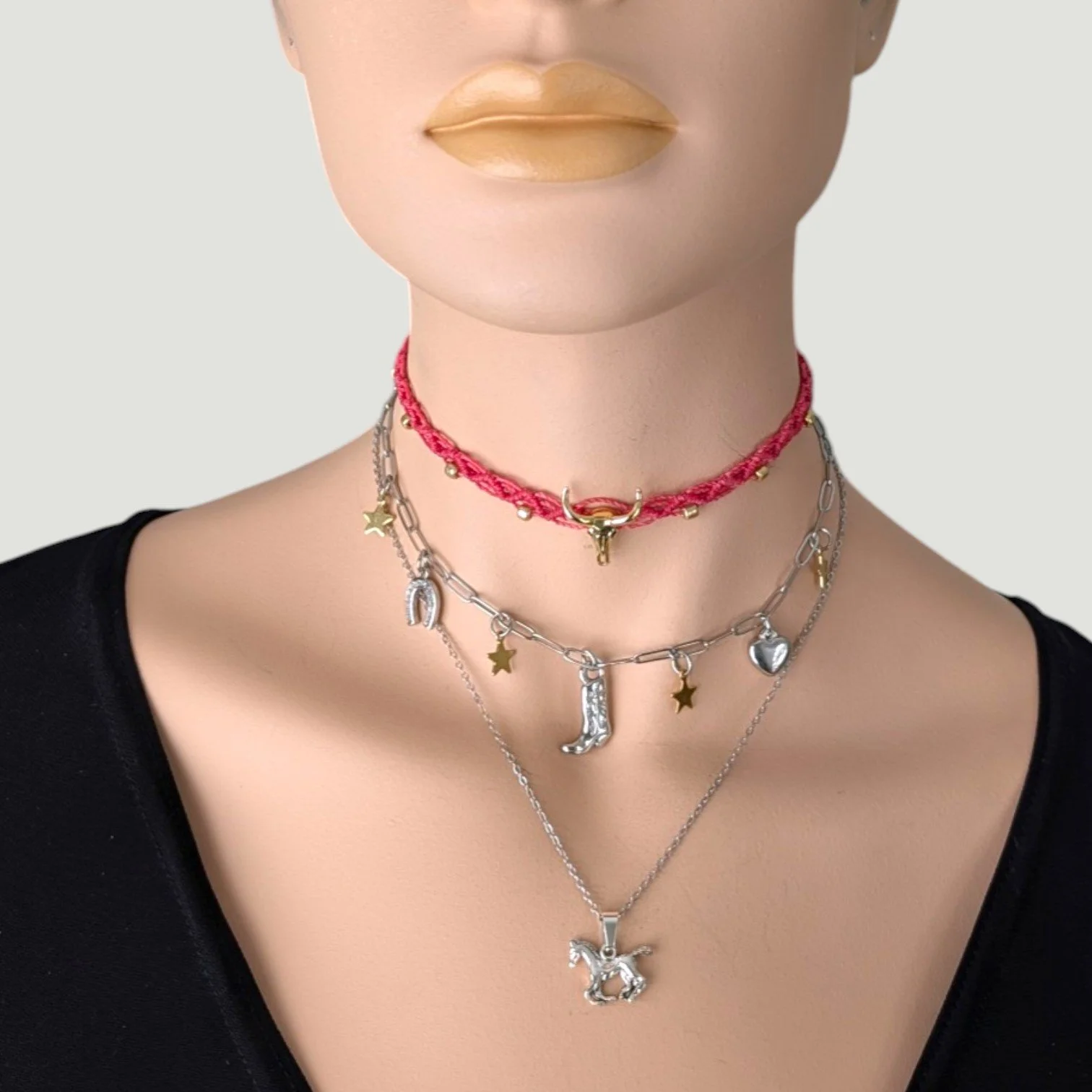 layered cowgirl necklaces, pink bull skull macrame choker, cowboy boot charm necklace, galloping horse necklace