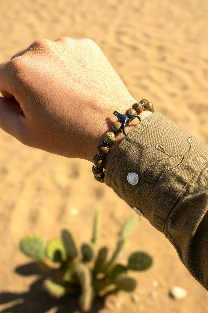 young man wearing a western beaded bull skull bracelet with tiger eye and picture jasper