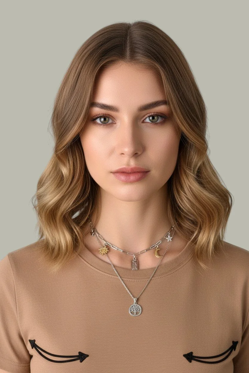 Silver Evil eye celestial stainless steel charm necklace layered with silver tree of life on blonde model wearing western style t-shirt