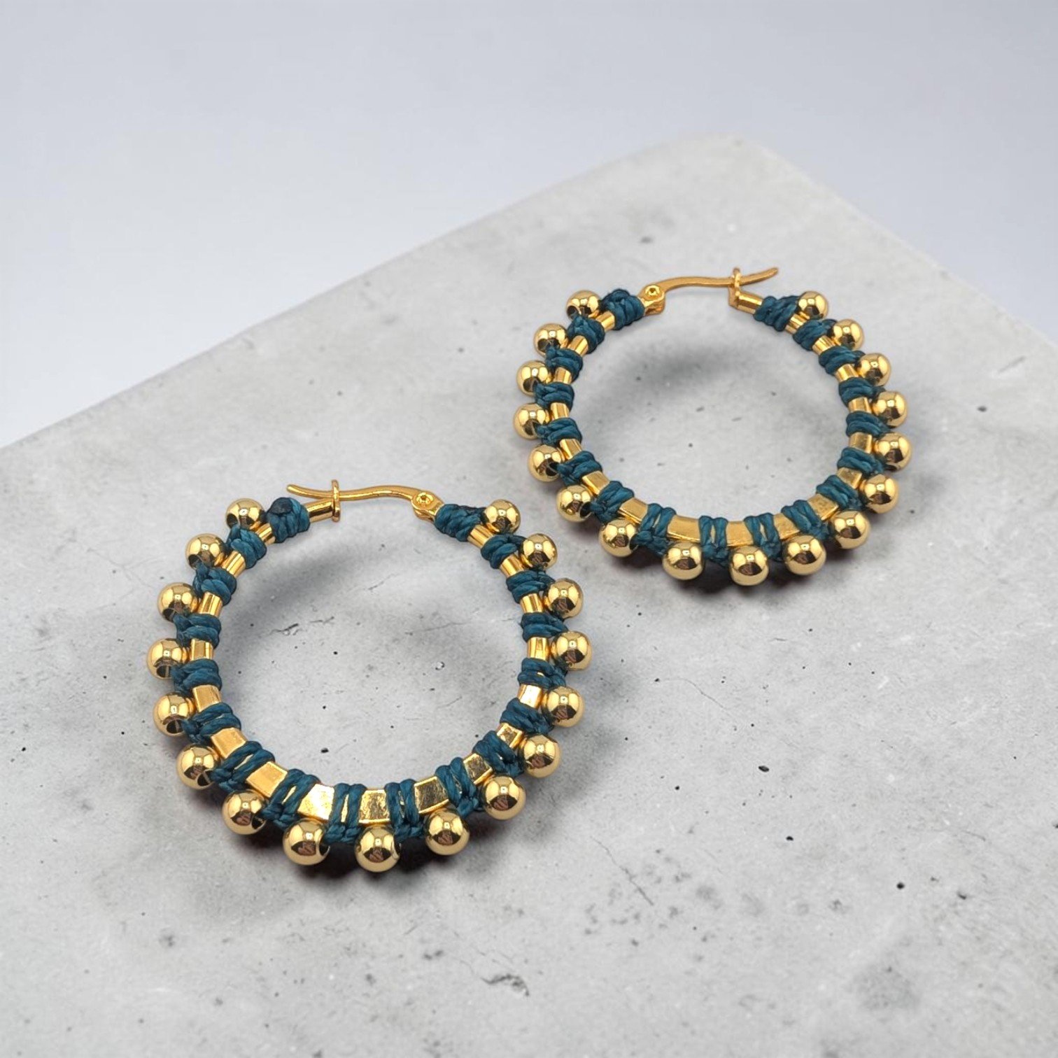Deepwater Teal Beaded Hoop Earrings - Gold