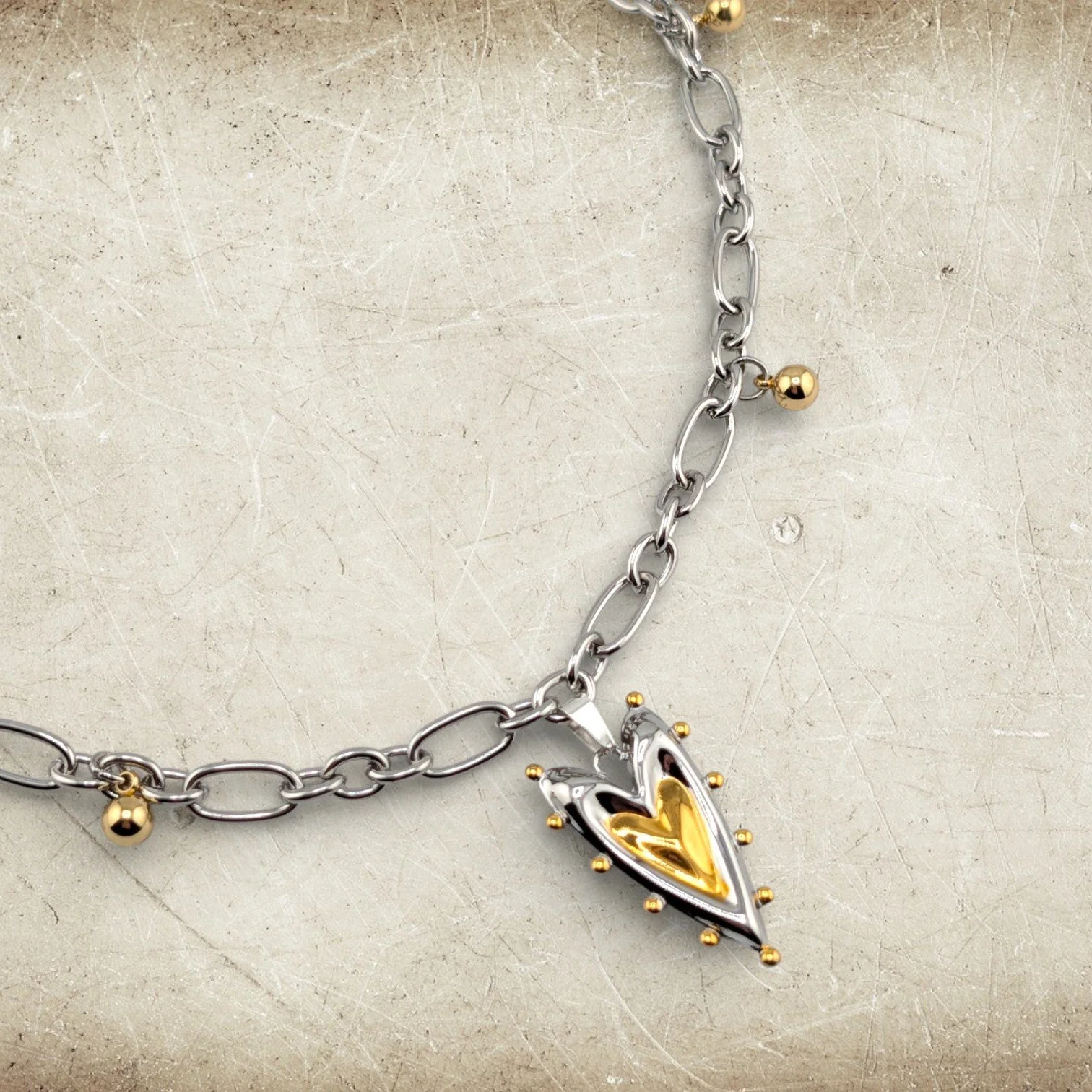 Two-Tone Heart Figaro Stainless Steel Necklace - Gold or Silver