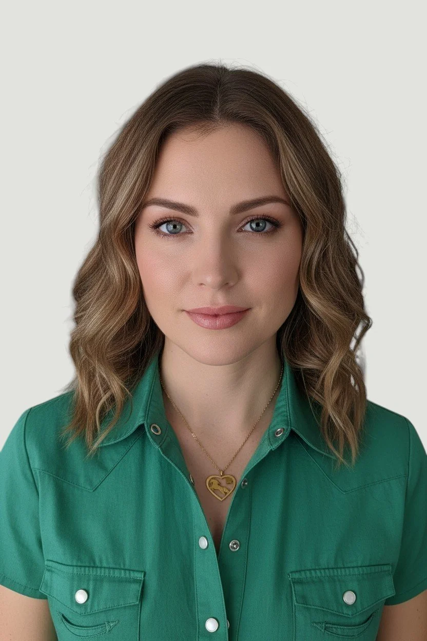 light brown-haired model wearing gold stainless steel horse and heart necklace with green western shirt styling