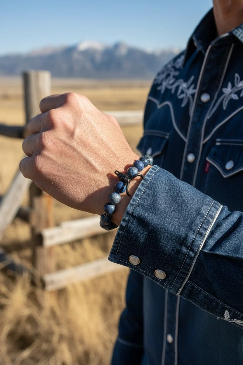 mens with black bull skull bracelet with blue sodalite and black onyx