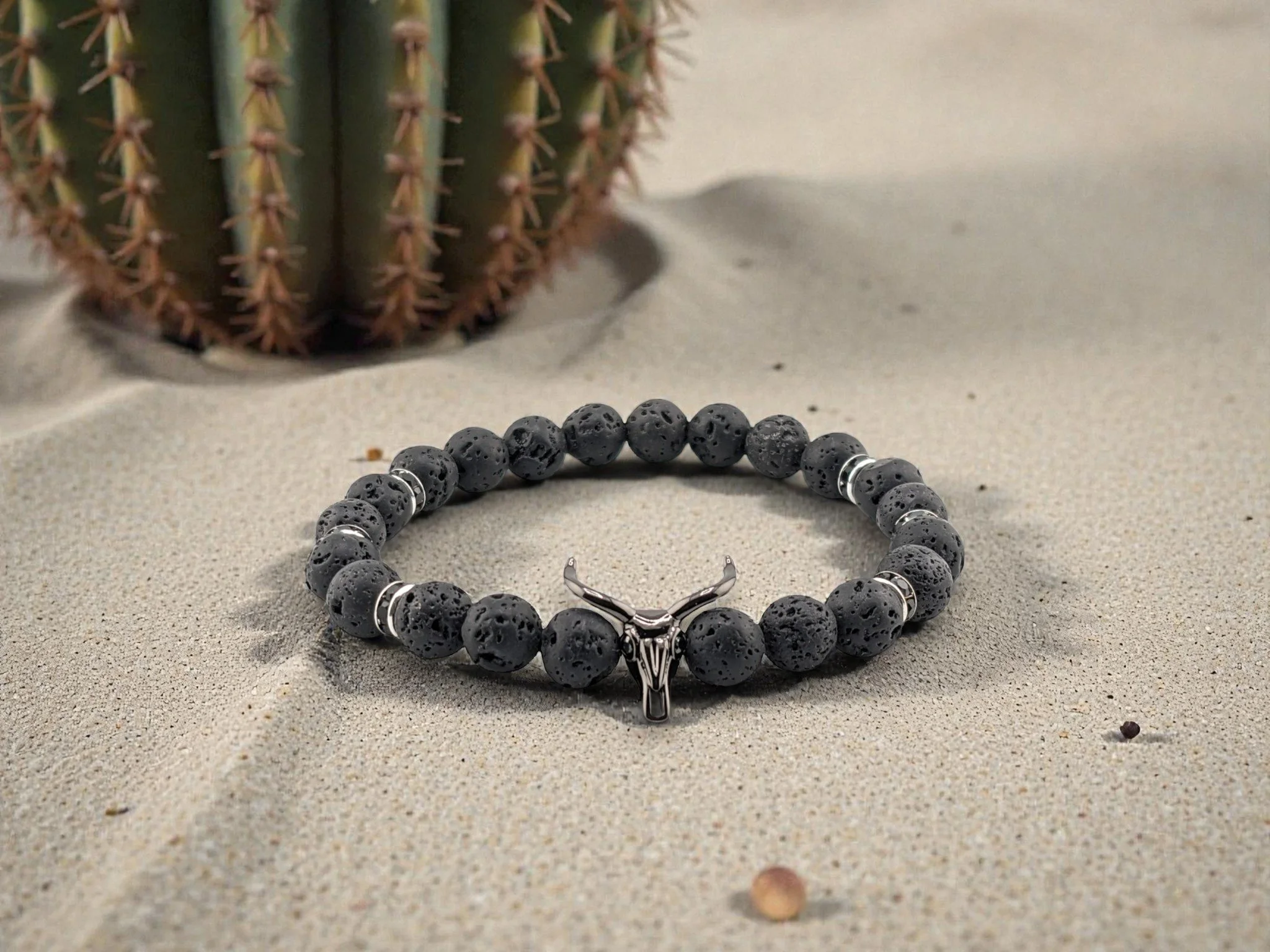 Men's Bull Skull Shadow Black Lava Rock Bracelet