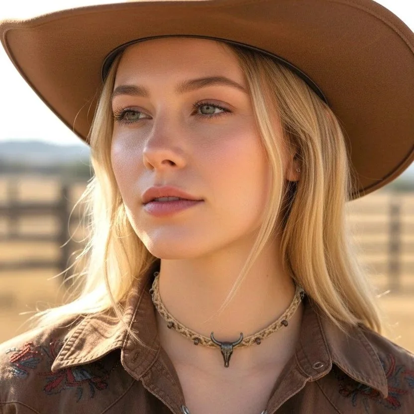 Bull skull woven macrame choker worn by a cowgirl in a desert setting with a cowboy hat, western boho statement necklace