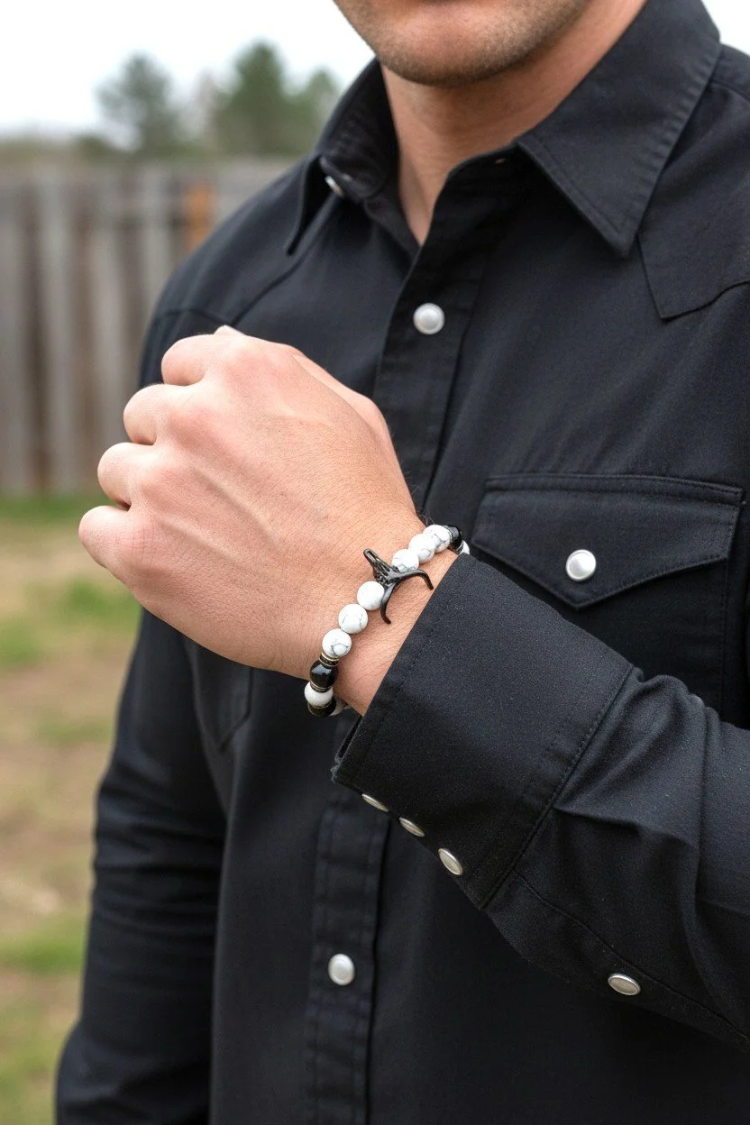 mens bull skull western beaded bracelet with white howlite and black onyx