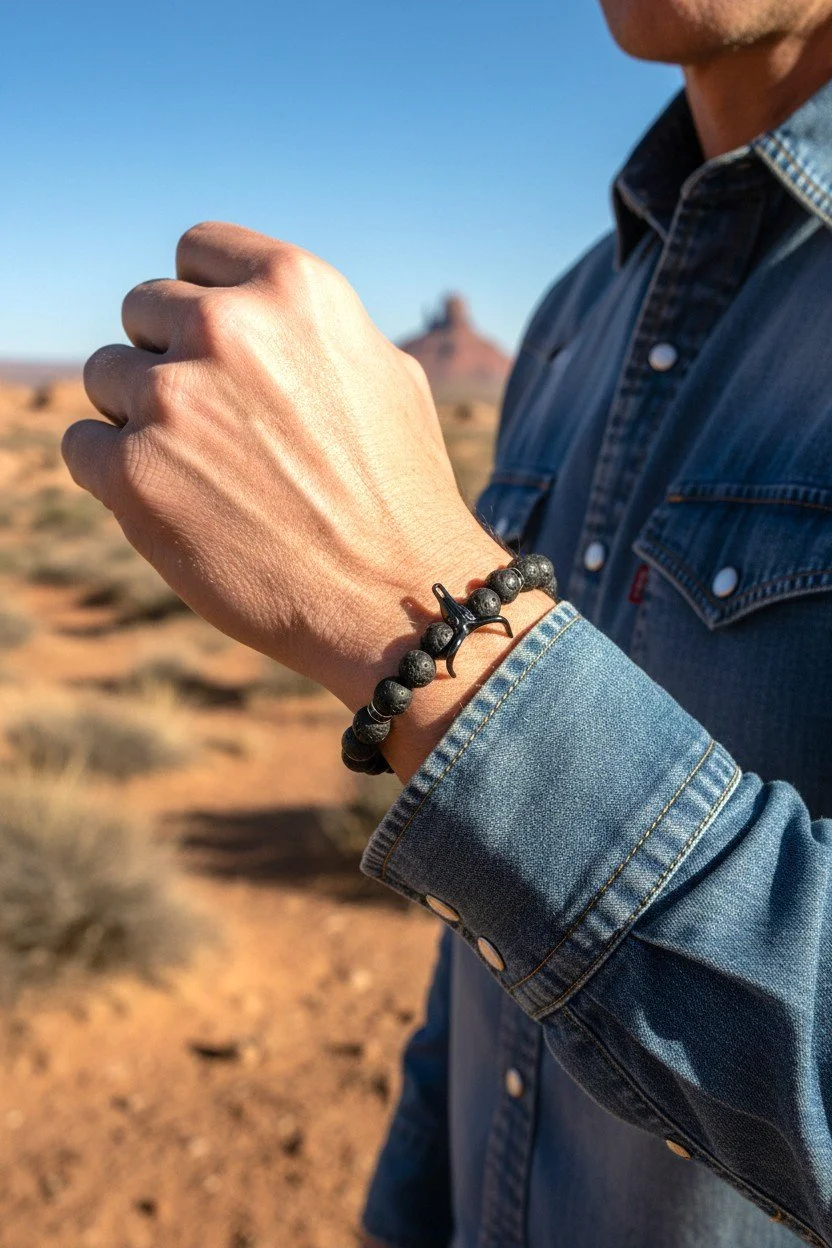 cowboy wearing a bull skull lava bracelet
