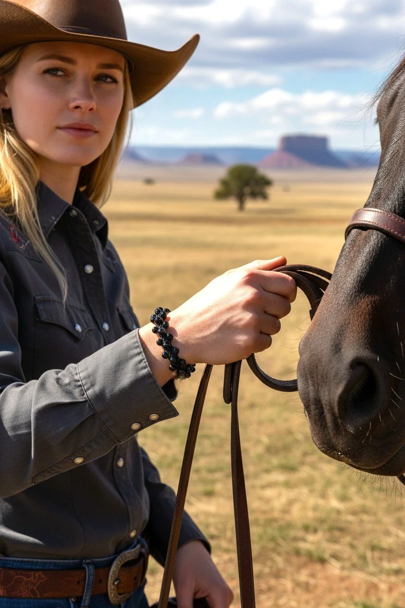 cowgirl holding the reins of a horse wearing a western macramé onyx bracelet