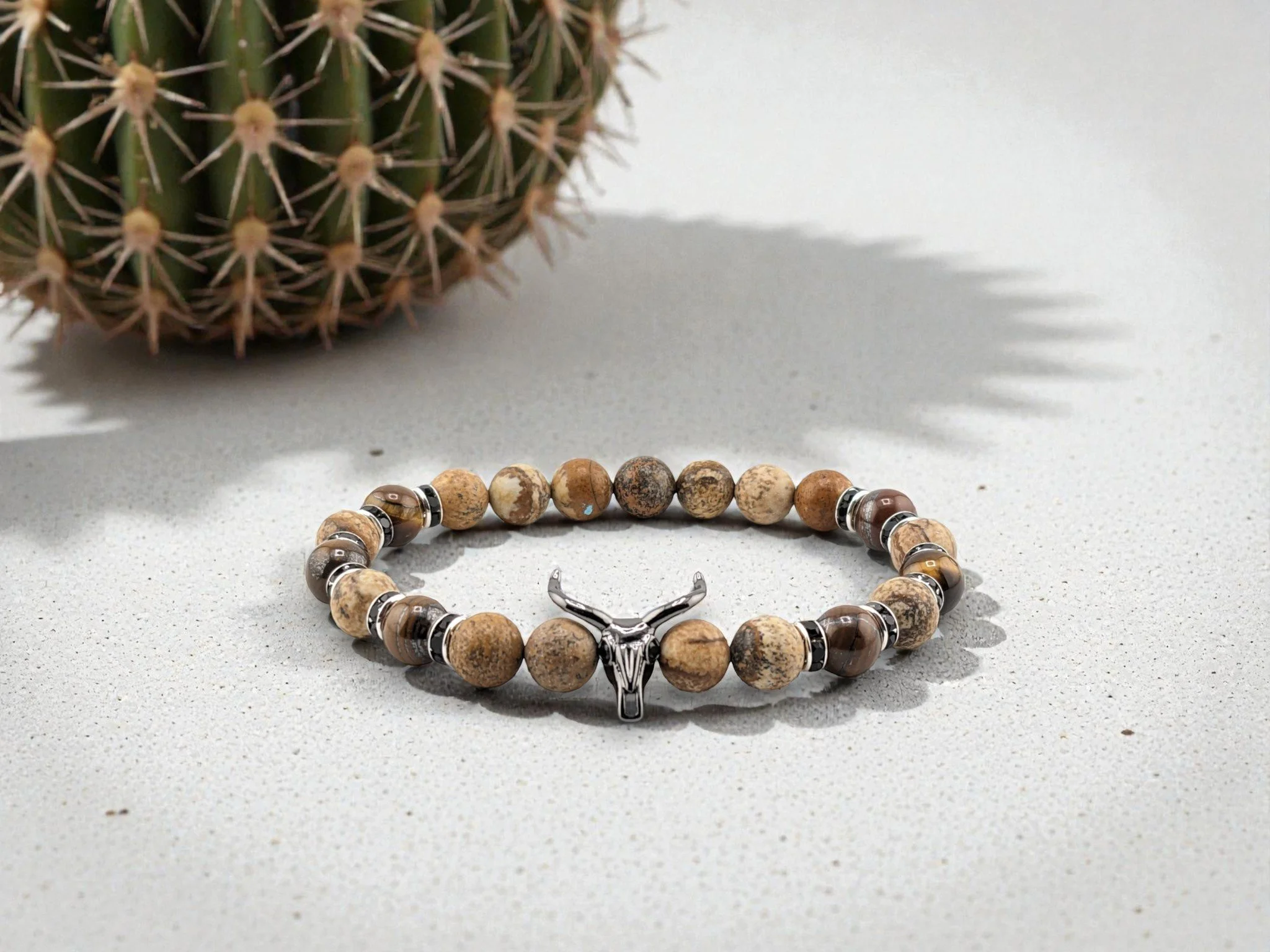Men's Bull Skull Desert Horizon Tiger Eye & Jasper Bracelet