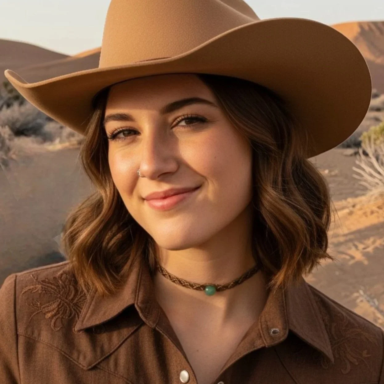 Cowgirl wearing aventurine macrame western choker