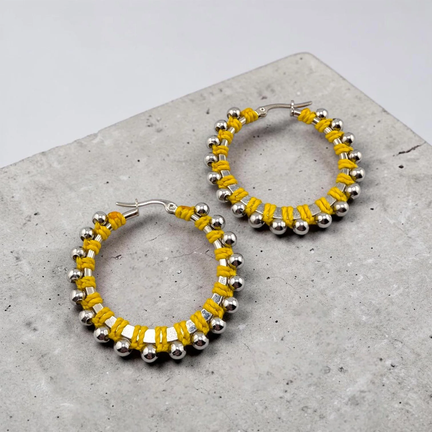 Sunflower Yellow Beaded Hoop Earrings - Silver