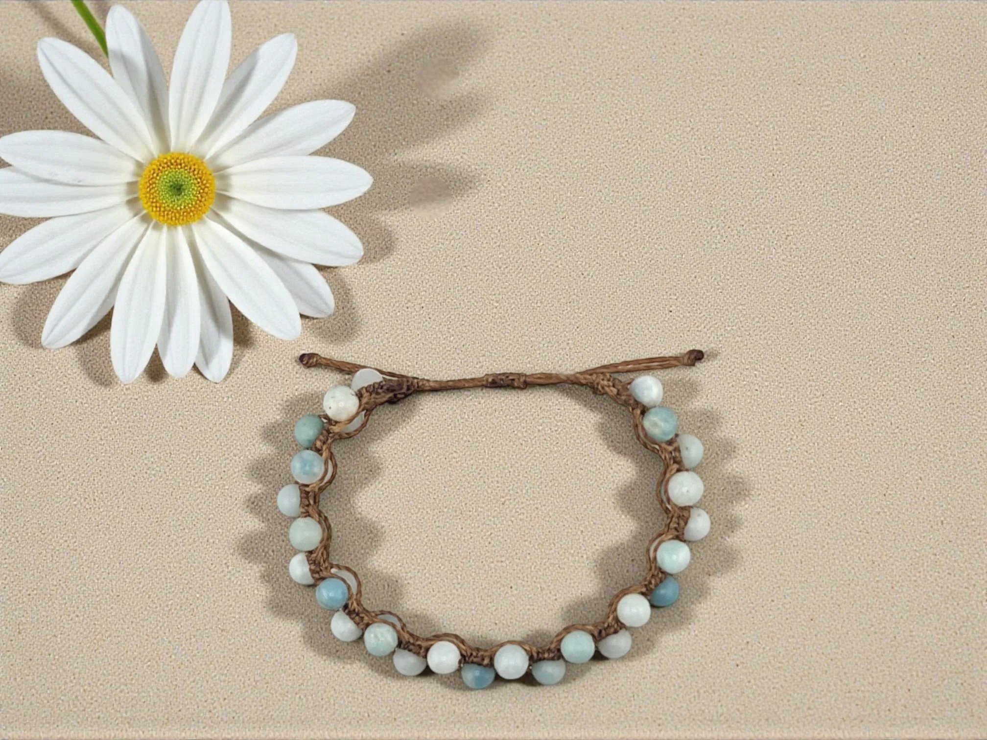 adjustable amazonite macramé bracelet viewed from above
