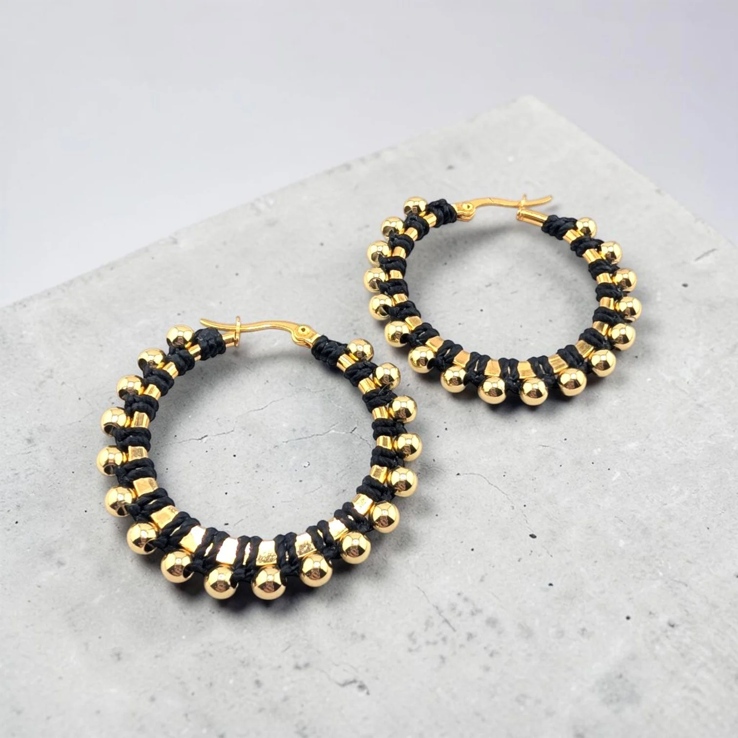 Shadow Black Beaded Hoop Earrings - Gold