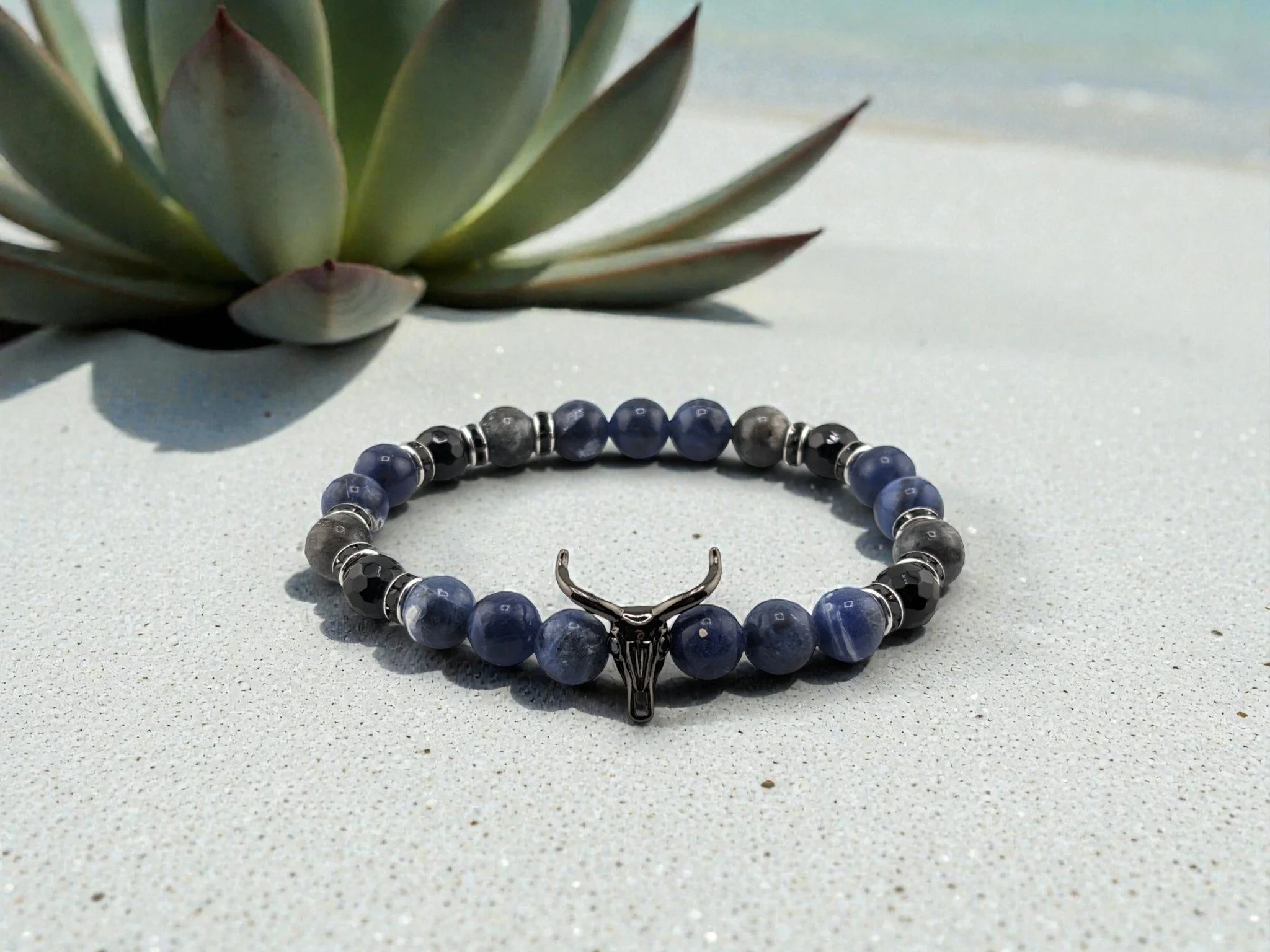 Men's Bull Skull Twilight Sodalite & Black Onyx Bracelet