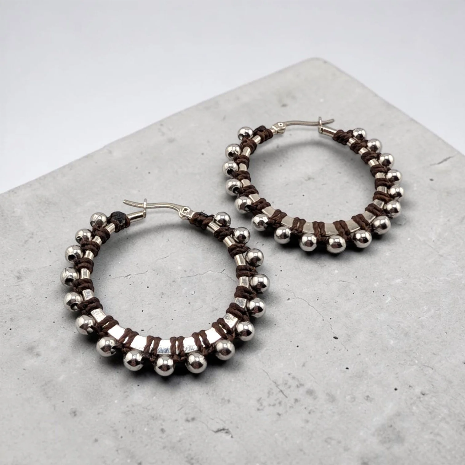Riverbank Brown Beaded Hoop Earrings - Silver