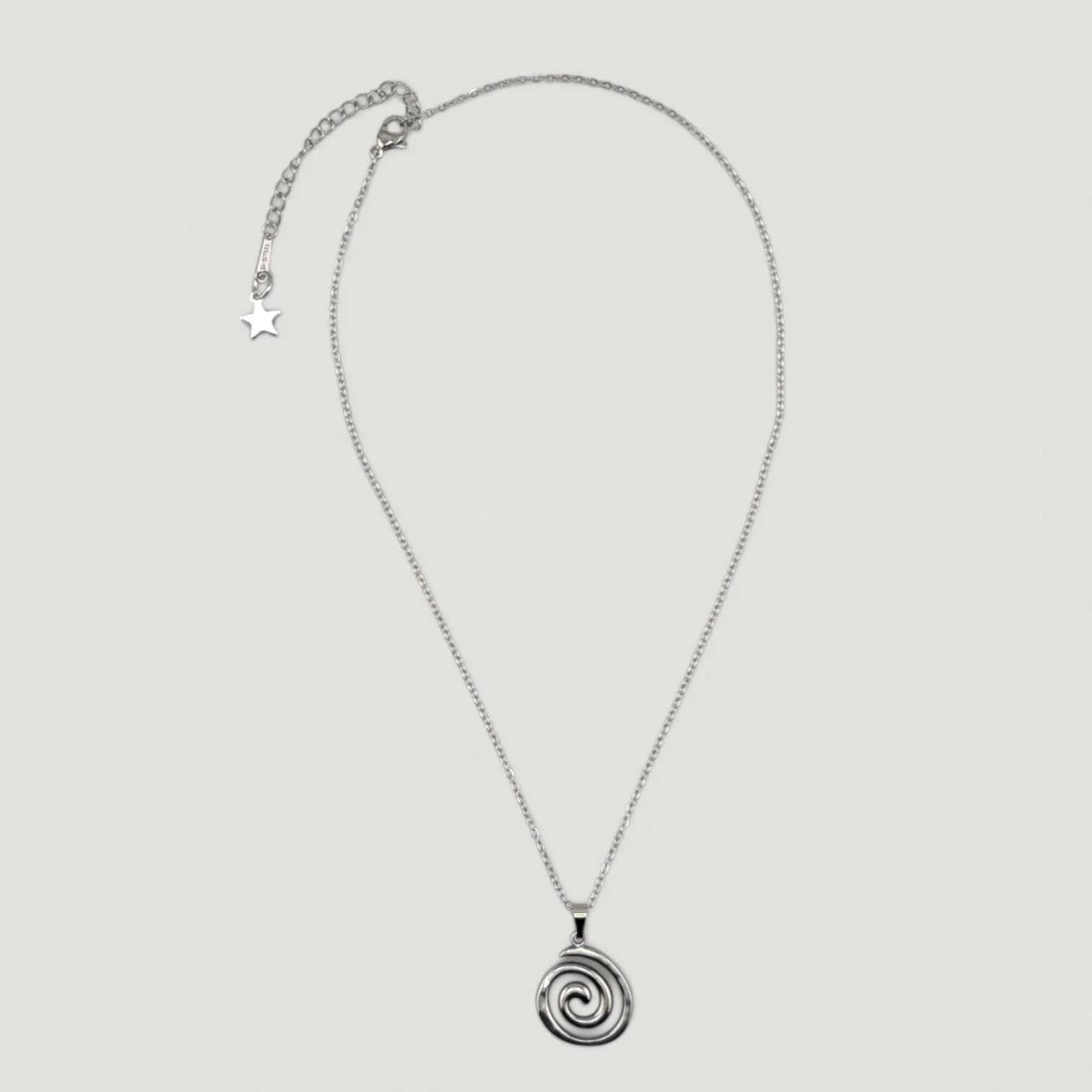 vortex spiral stainless steel necklace, silver full chain flat lay