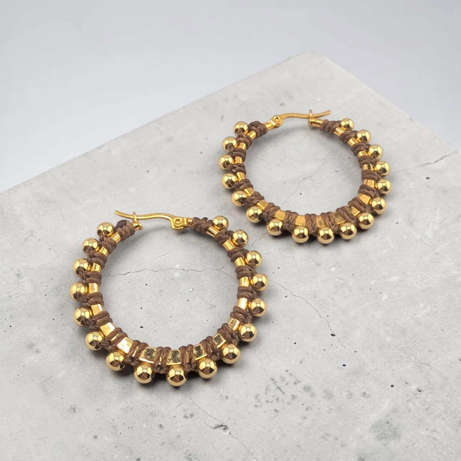 Sunbaked Golden Brown Beaded Hoop Earrings - Gold