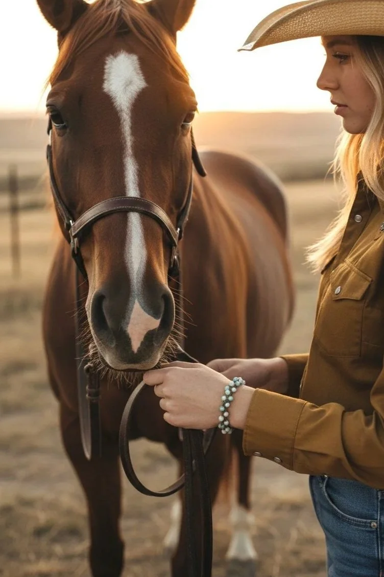 woman wearing a macramé amazonite bracelet while holding the reins of a horse