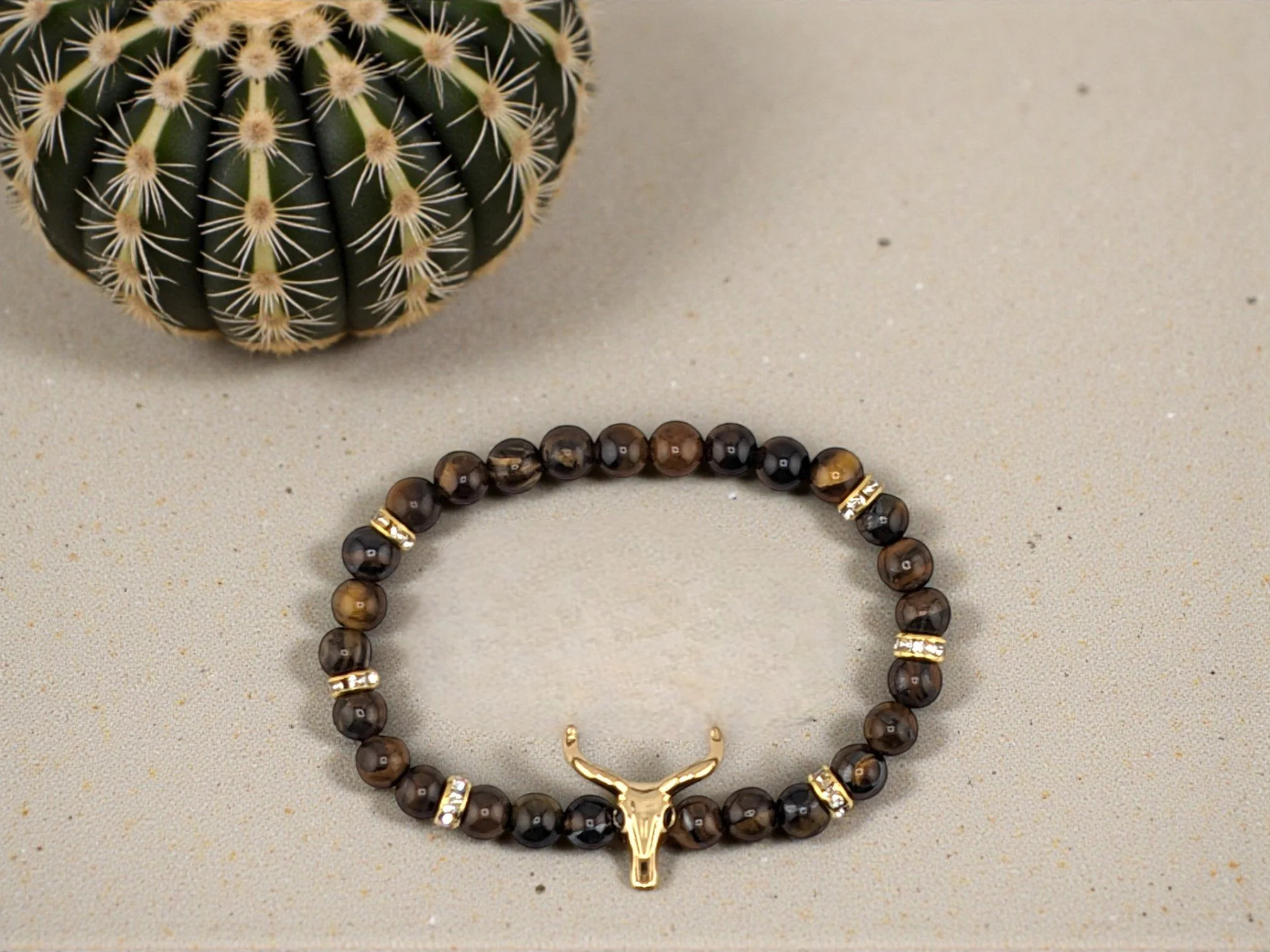 Dainty beaded western bracelet with gold bull skull and rhinestone spacers