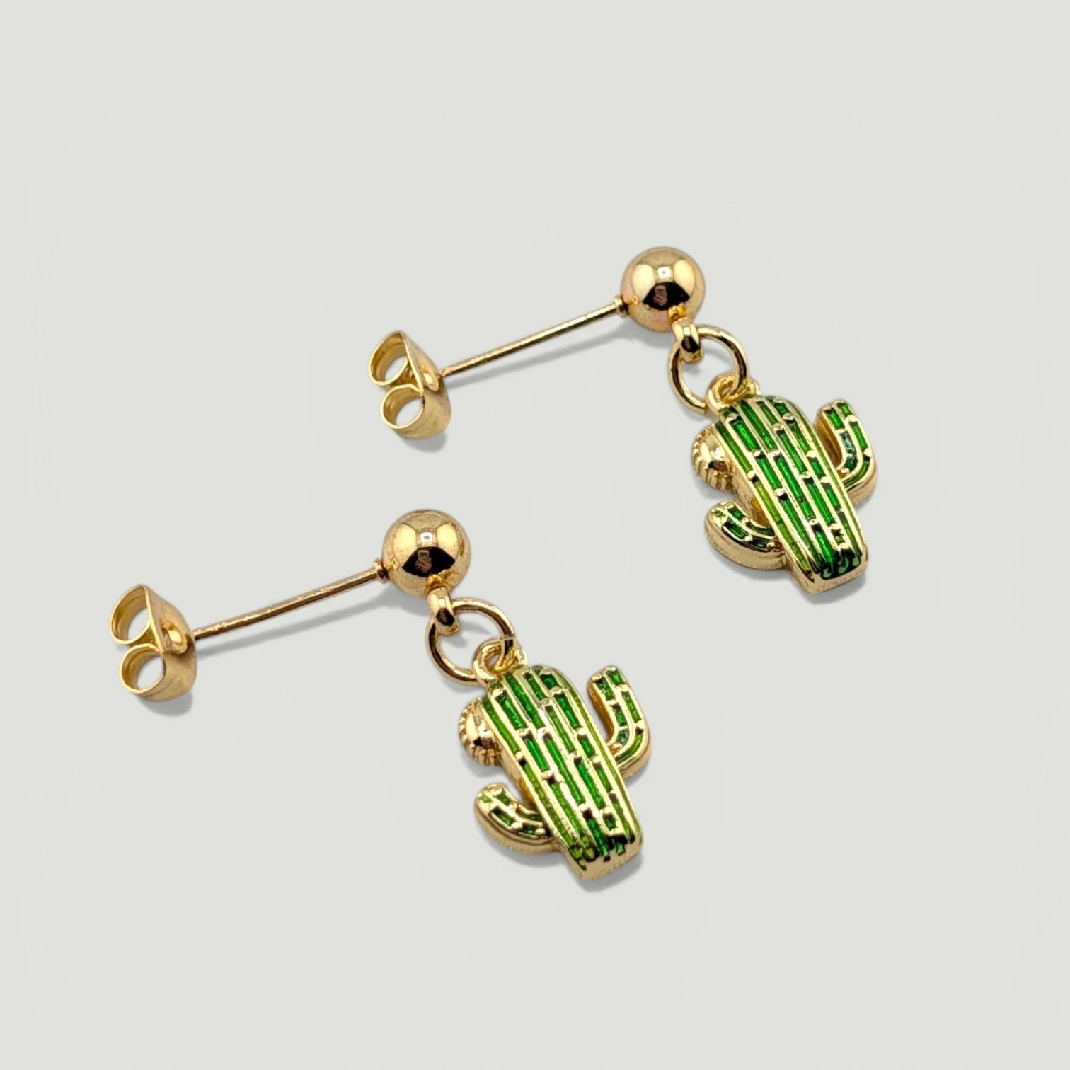 Green Cactus Dainty Drop Earrings - Gold