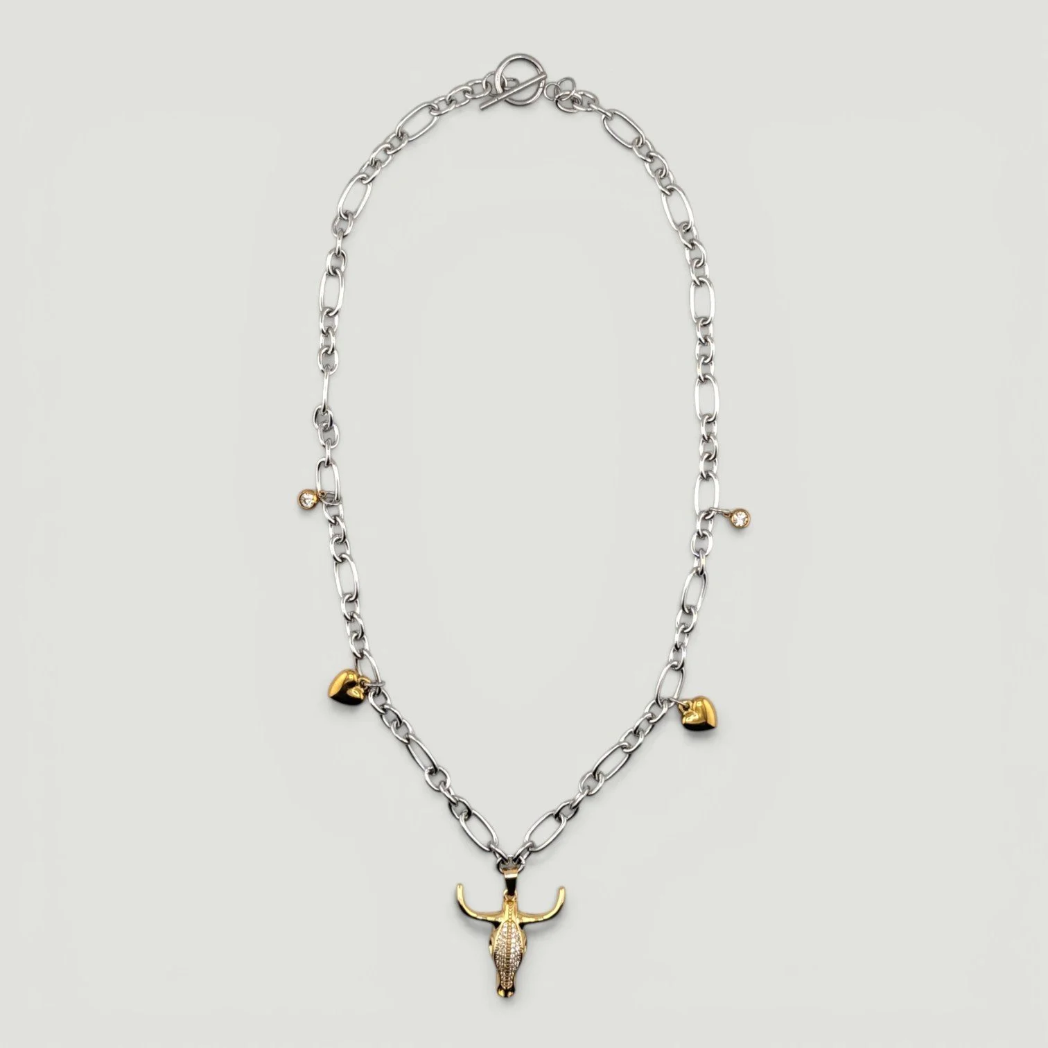 rhinestone bull skull gold stainless steel statement necklace full flat lay view