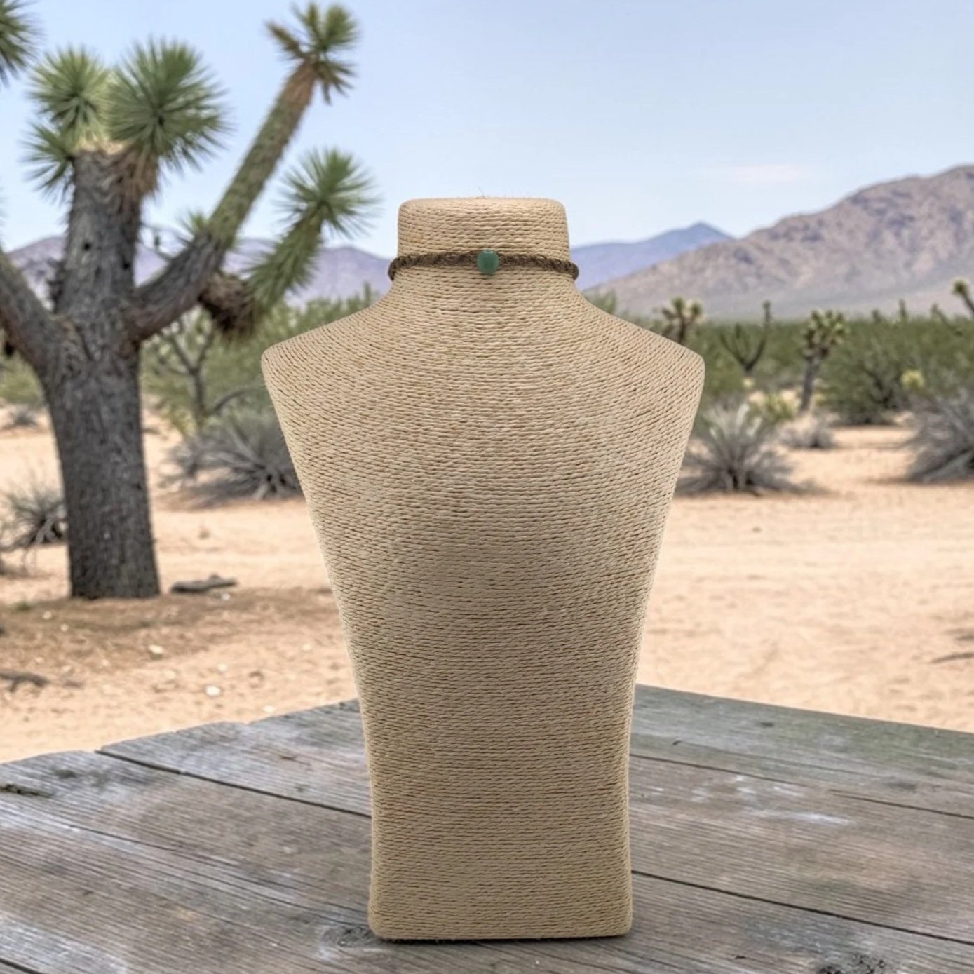 Aventurine macrame western choker necklace on bust in desert western setting