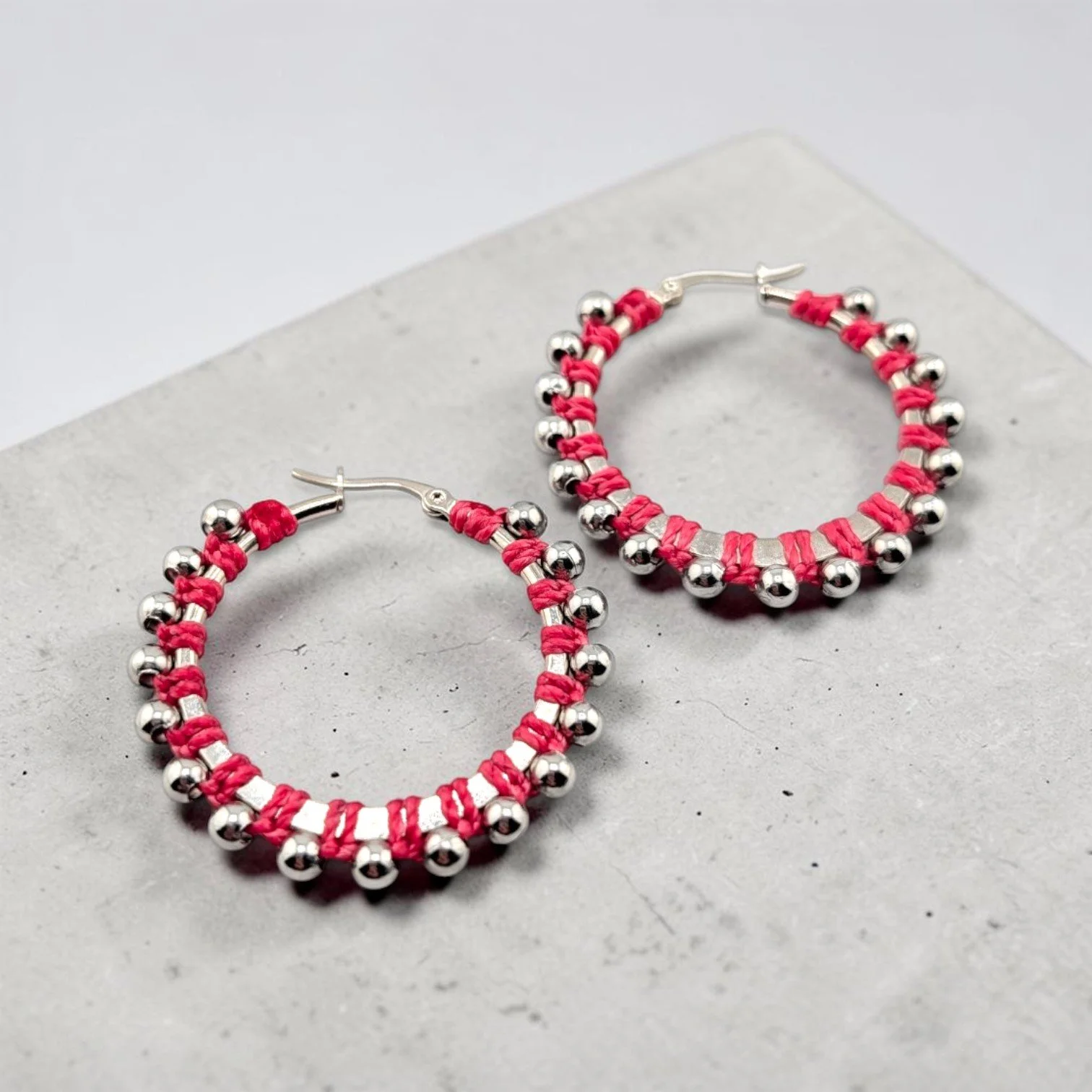 Desert Sunset Pink Beaded Hoop Earrings - Silver