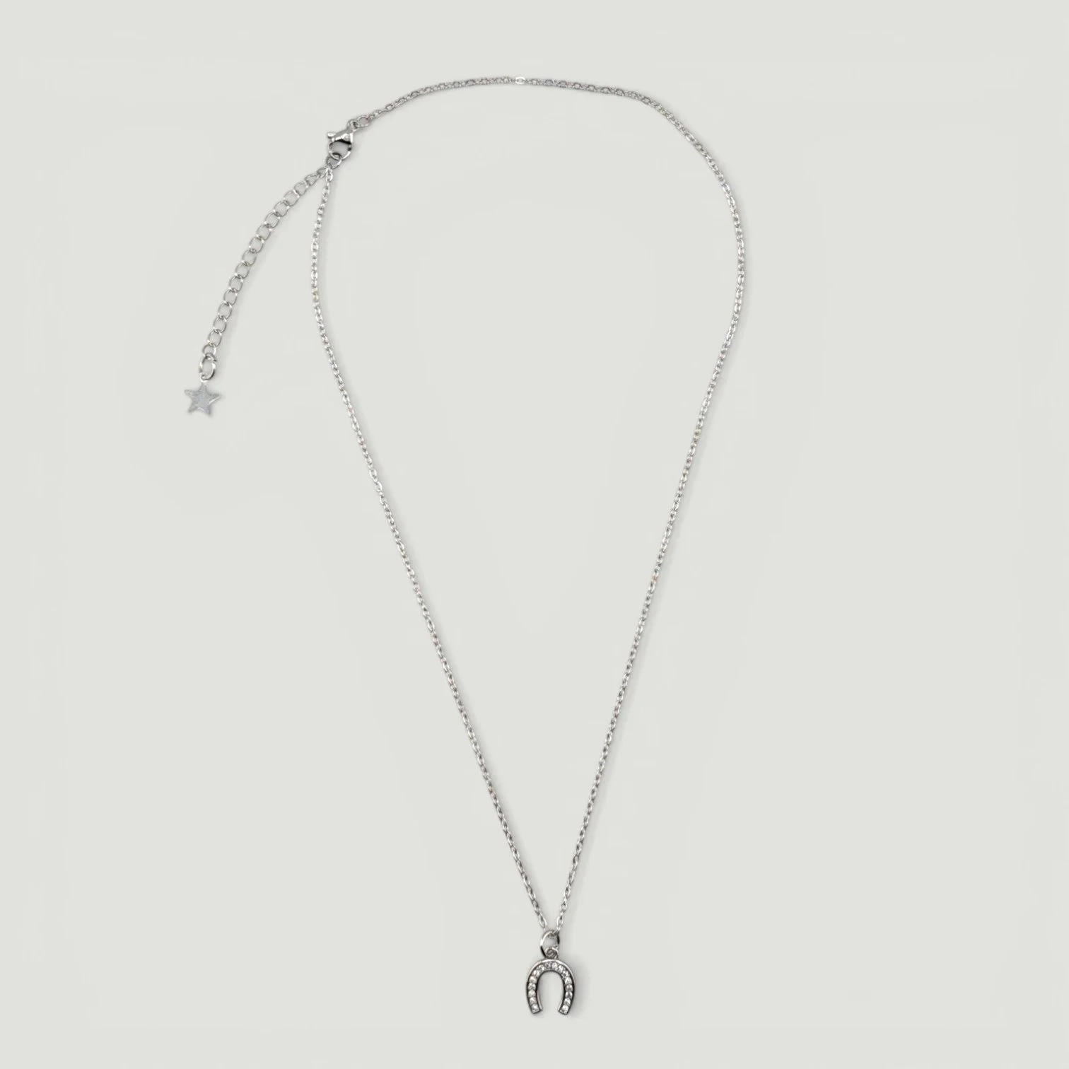 Silver rhinestone horseshoe necklace on stainless steel chain, full flat lay